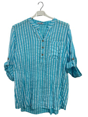 Vertical Stripes Print Single Chest Pocket Tunic Cotton Top