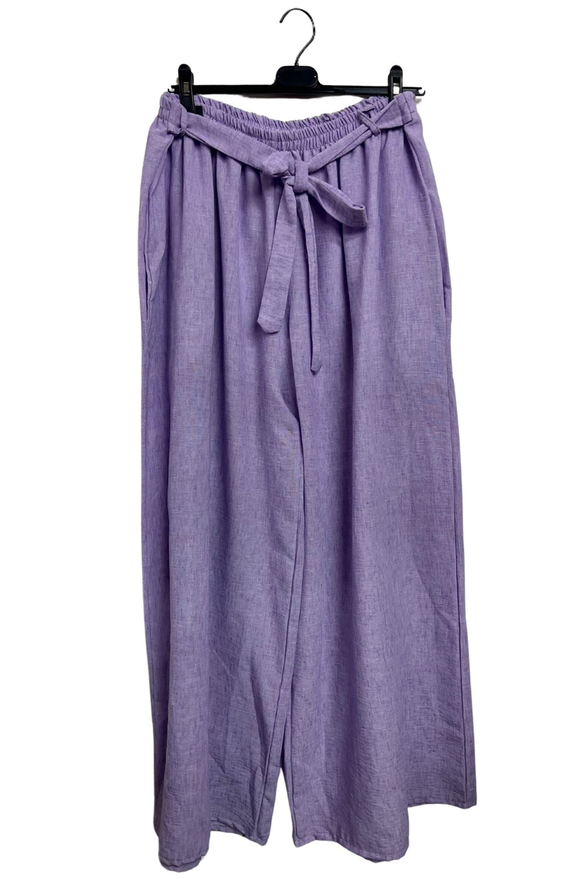 Plain Belted Waistband Wide Legs Trousers