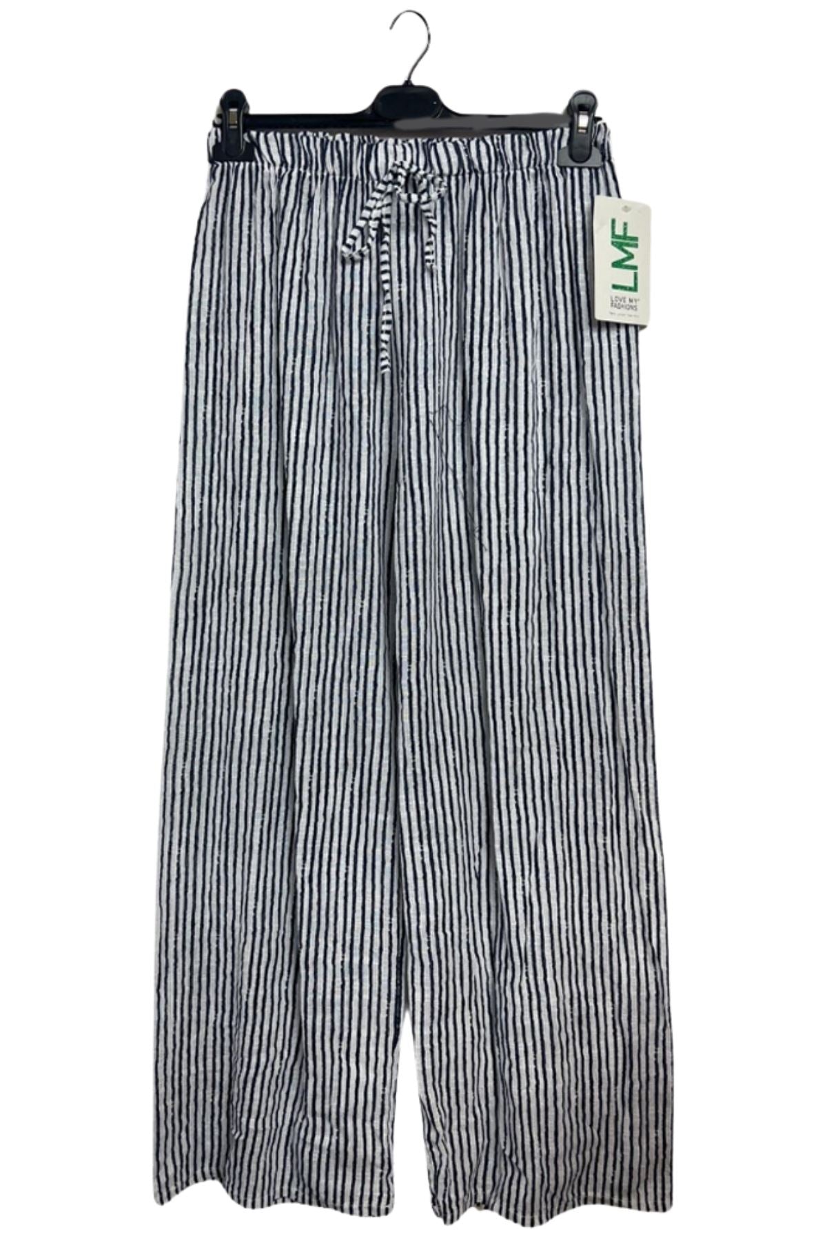 Stripe Print Elasticated Waistband Wide Leg Cotton Trousers