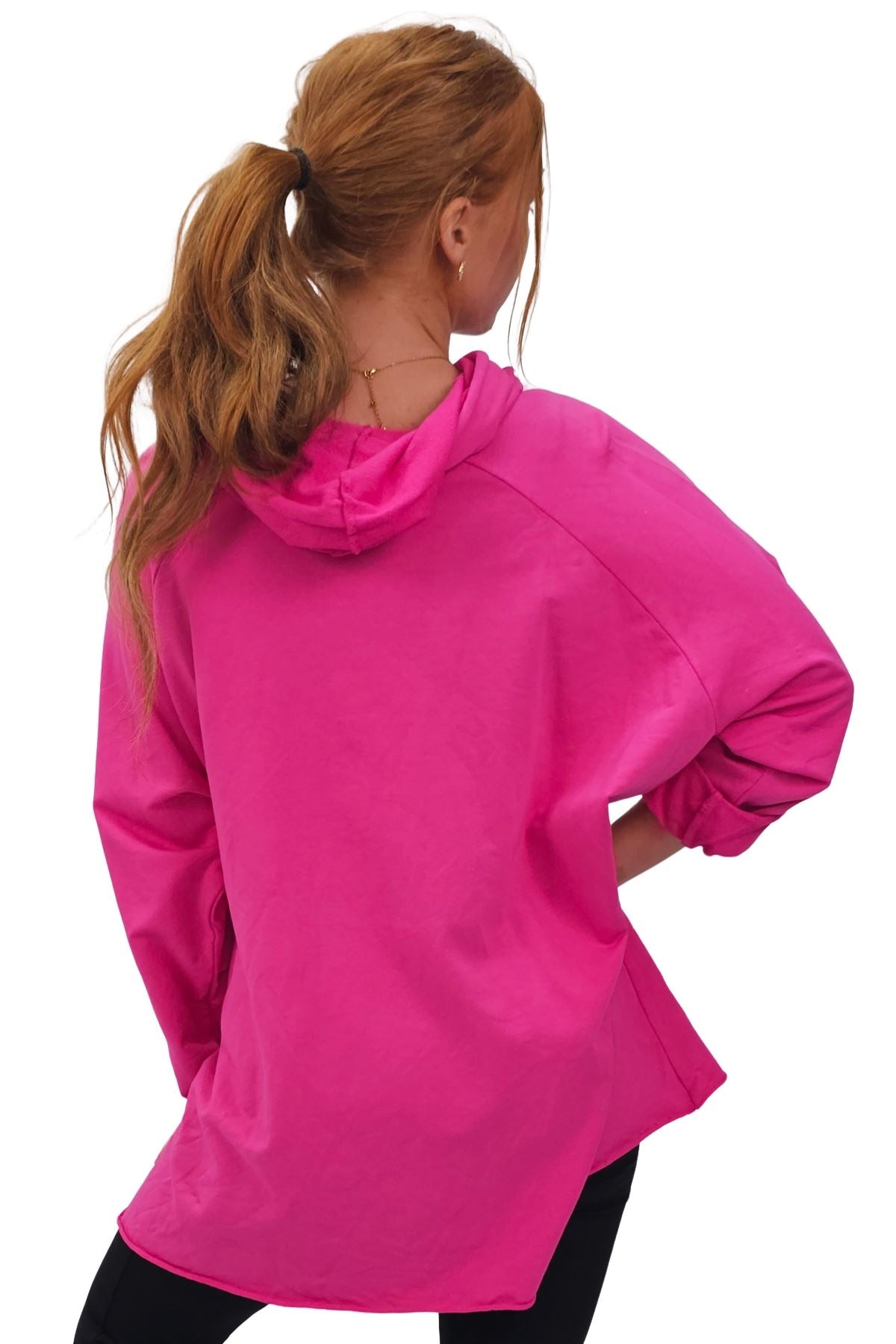Leopard Foil Splash Print String Hoody High Low Hem Cotton Hoodie