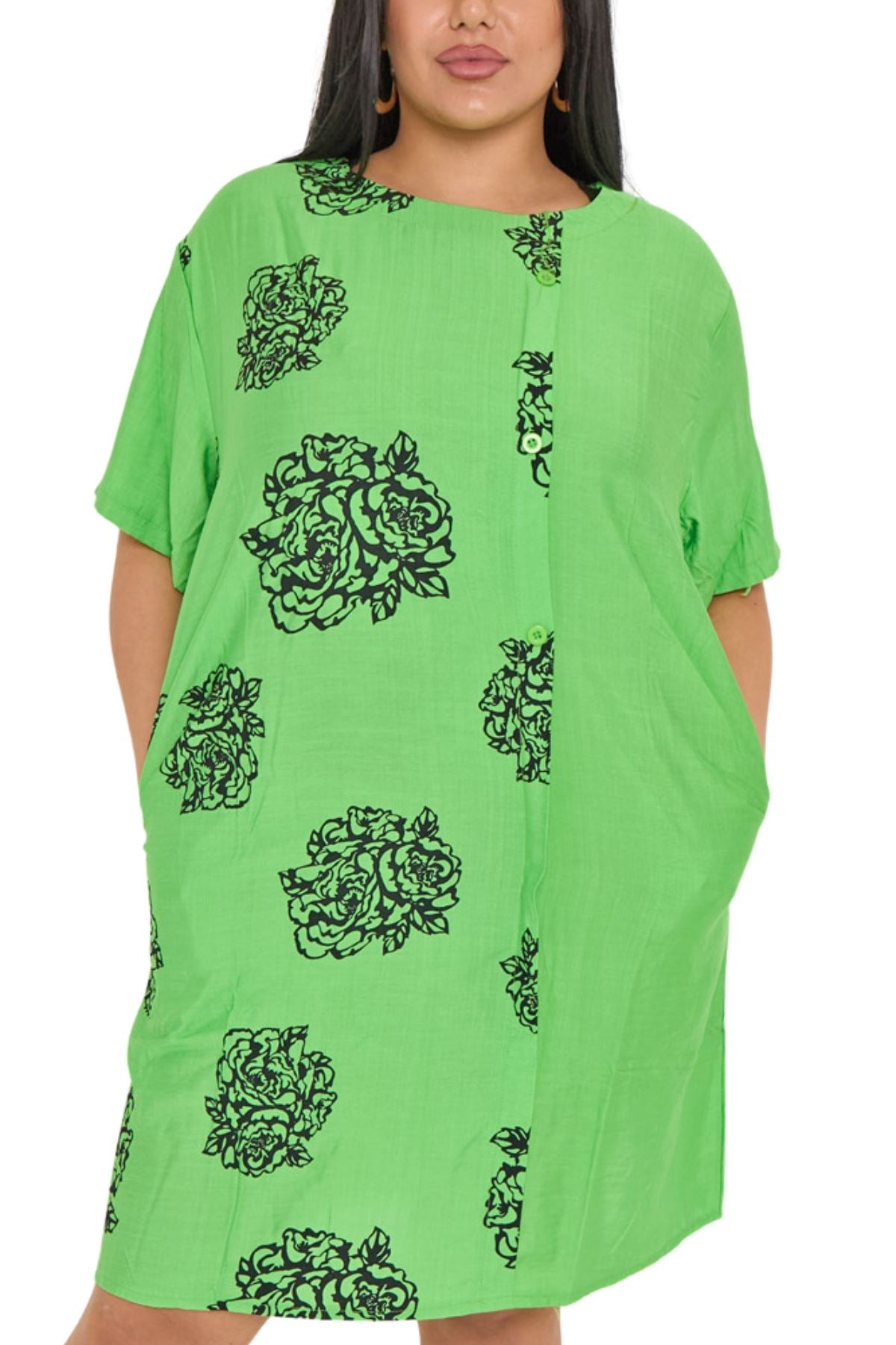 Rose Flower Print Front Button Detail Pockets Dress