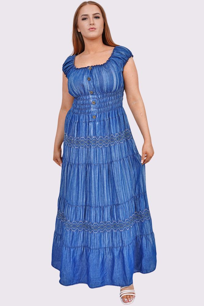 Aztec Pattern Shirred Waist Tiered Button Denim Cotton Dress