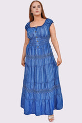 Aztec Pattern Shirred Waist Tiered Button Denim Cotton Dress