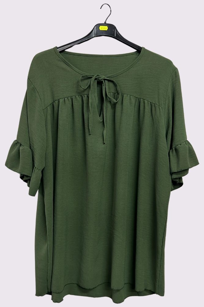 Plain Tie Neck Ruffle Sleeve Top