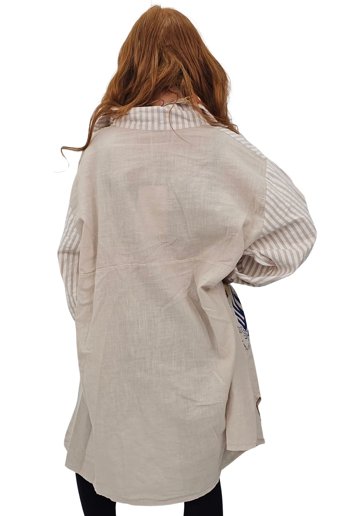 Vertical Stripes Polka Dot Print Full Front Buttons Linen Shirt