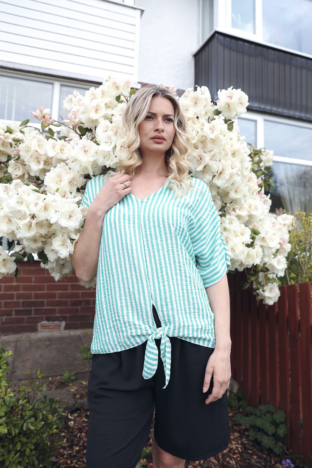 Vertical Stripes Print Front Tie Knot Top