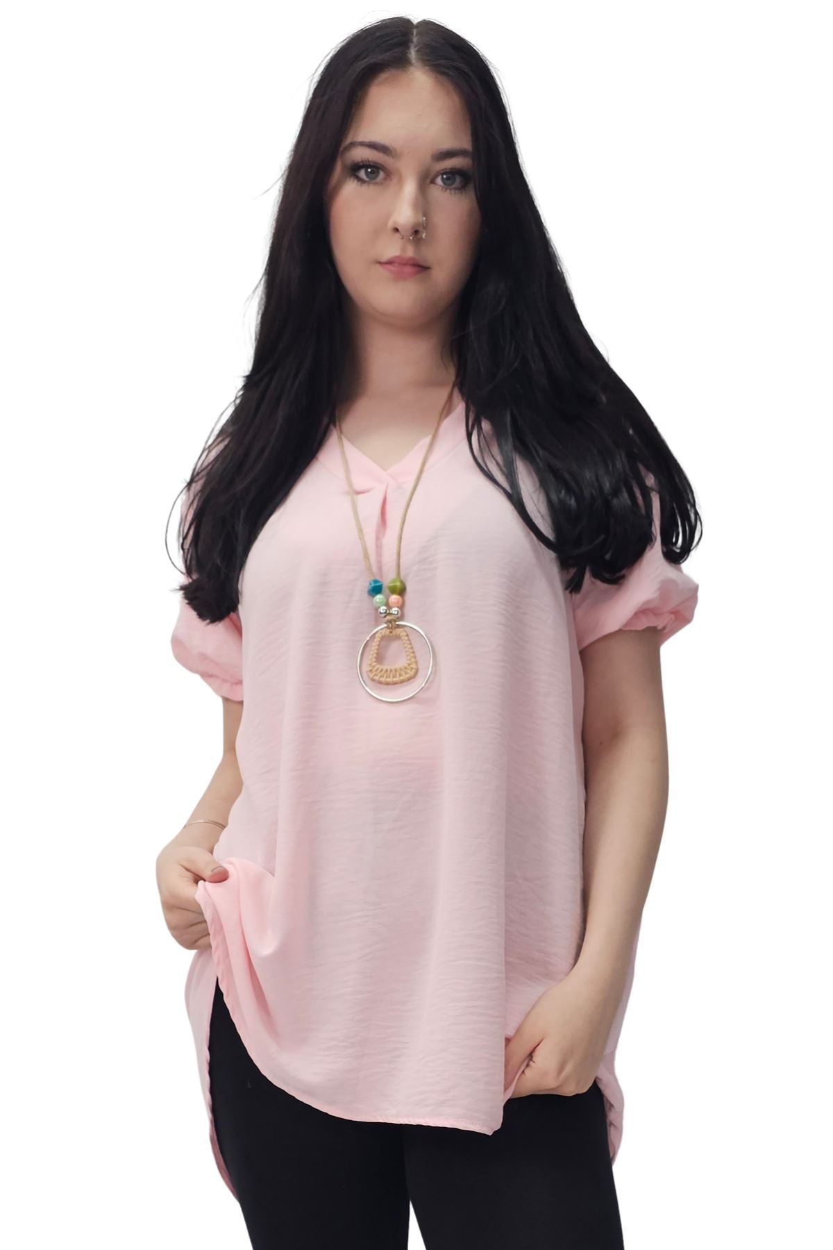 Plain Short Puff Sleeves Necklace Top