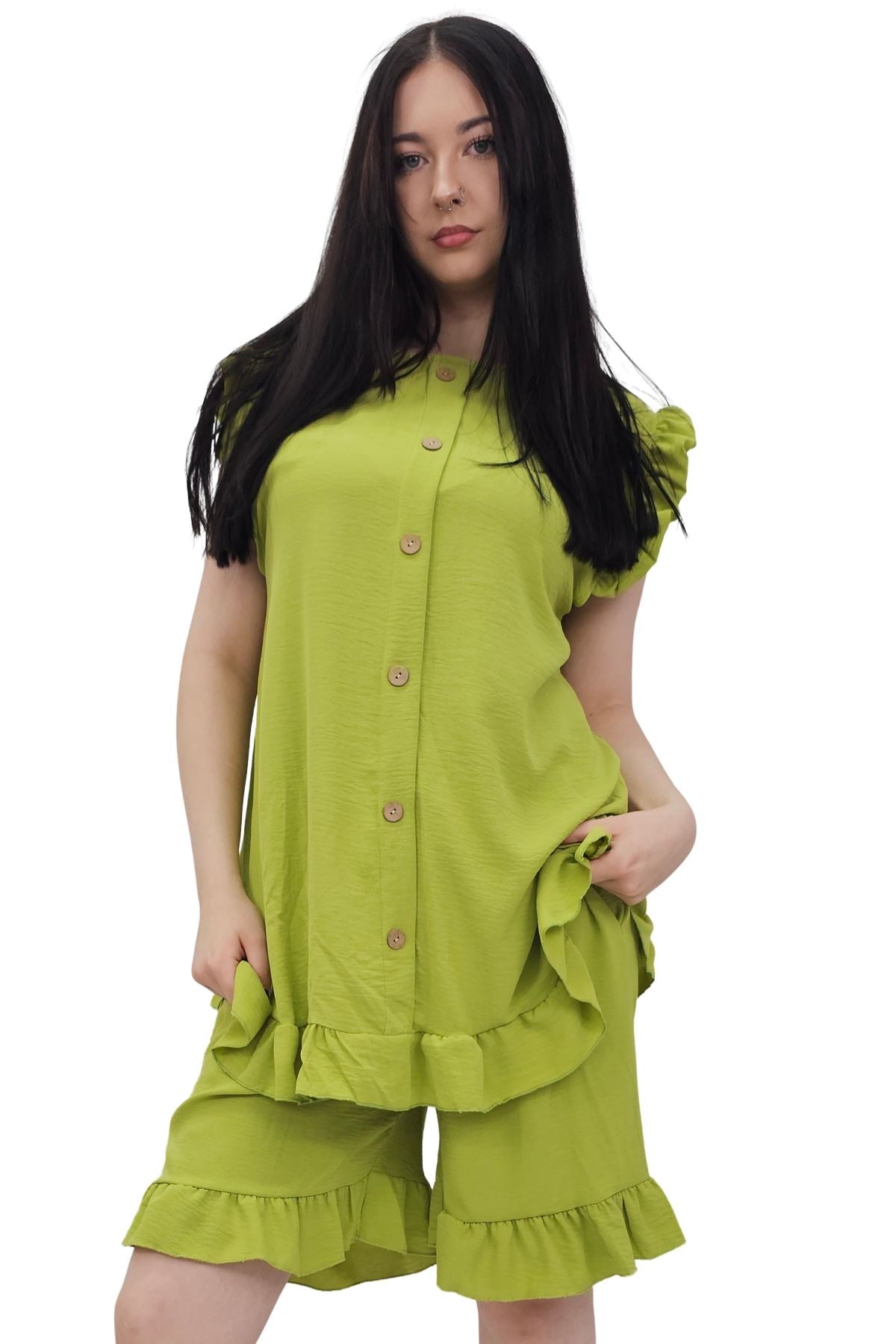 Plain Sleeveless Ruffle-Trimmed Co-Ord Set