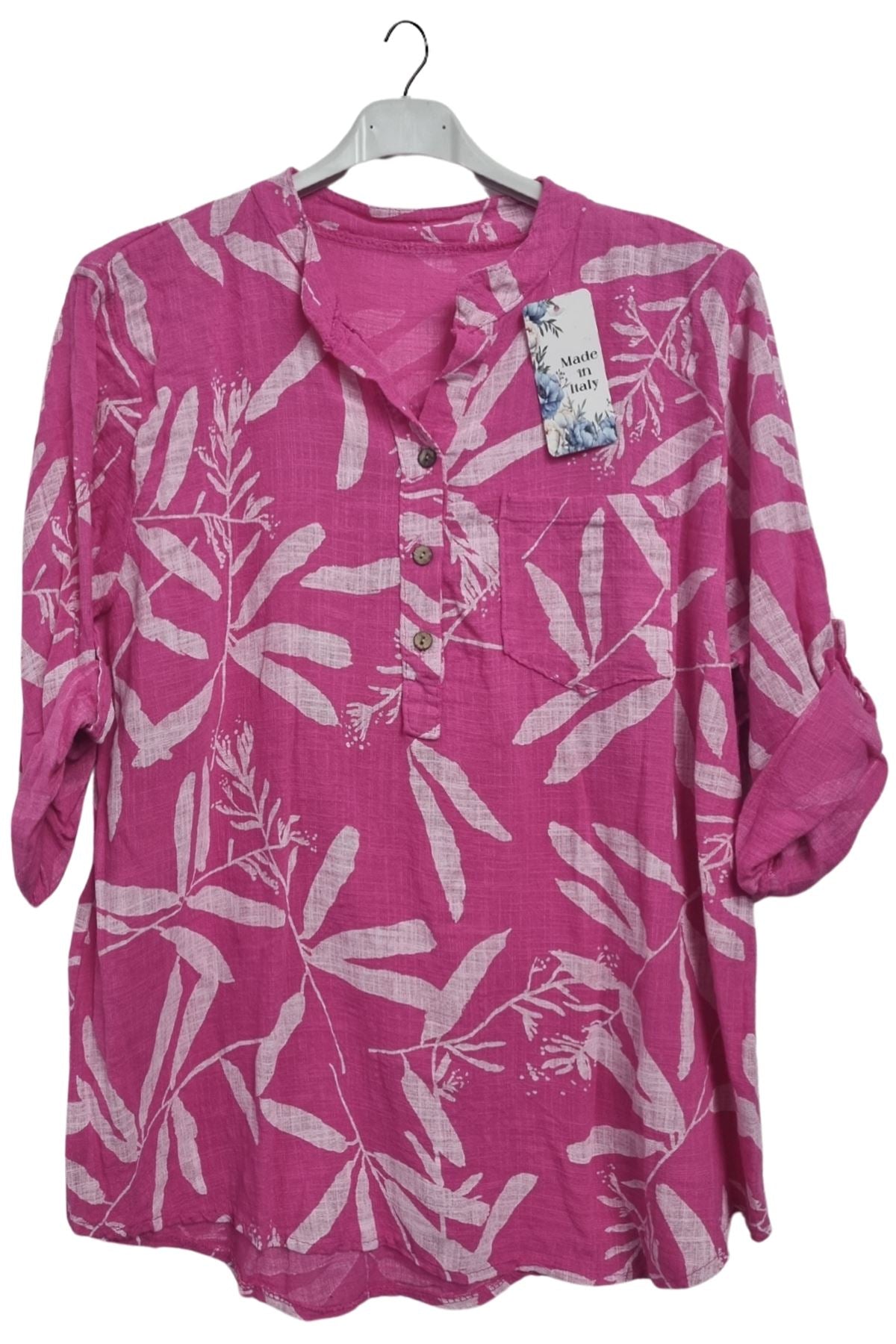 Leaf Print Chest Pocket Cotton Top