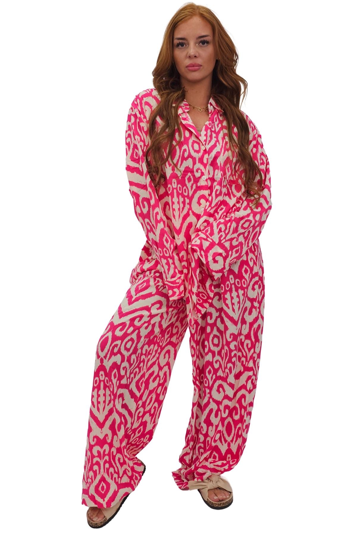 Bold Ikat Pattern Button-Up Shirt Wide Leg Co-Ord Set