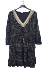 Subtle Gold Floral Cinched Waist Tie Detail Bohemian Dress