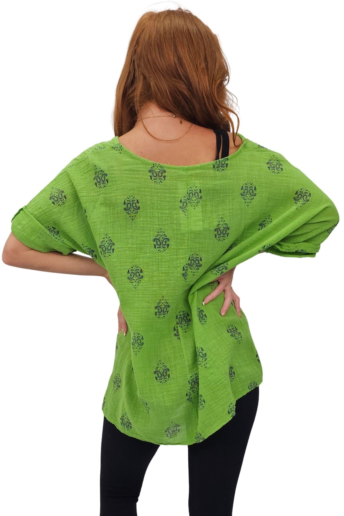 Block Print-Style Motifs Tunic Silhouette Cotton Top
