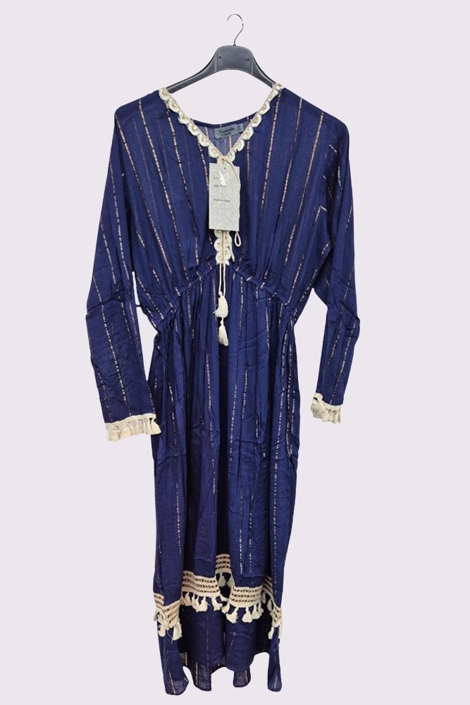 Foil Pattern Drawstring Lace Tassel Hem Dress