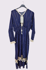 Foil Pattern Drawstring Lace Tassel Hem Dress