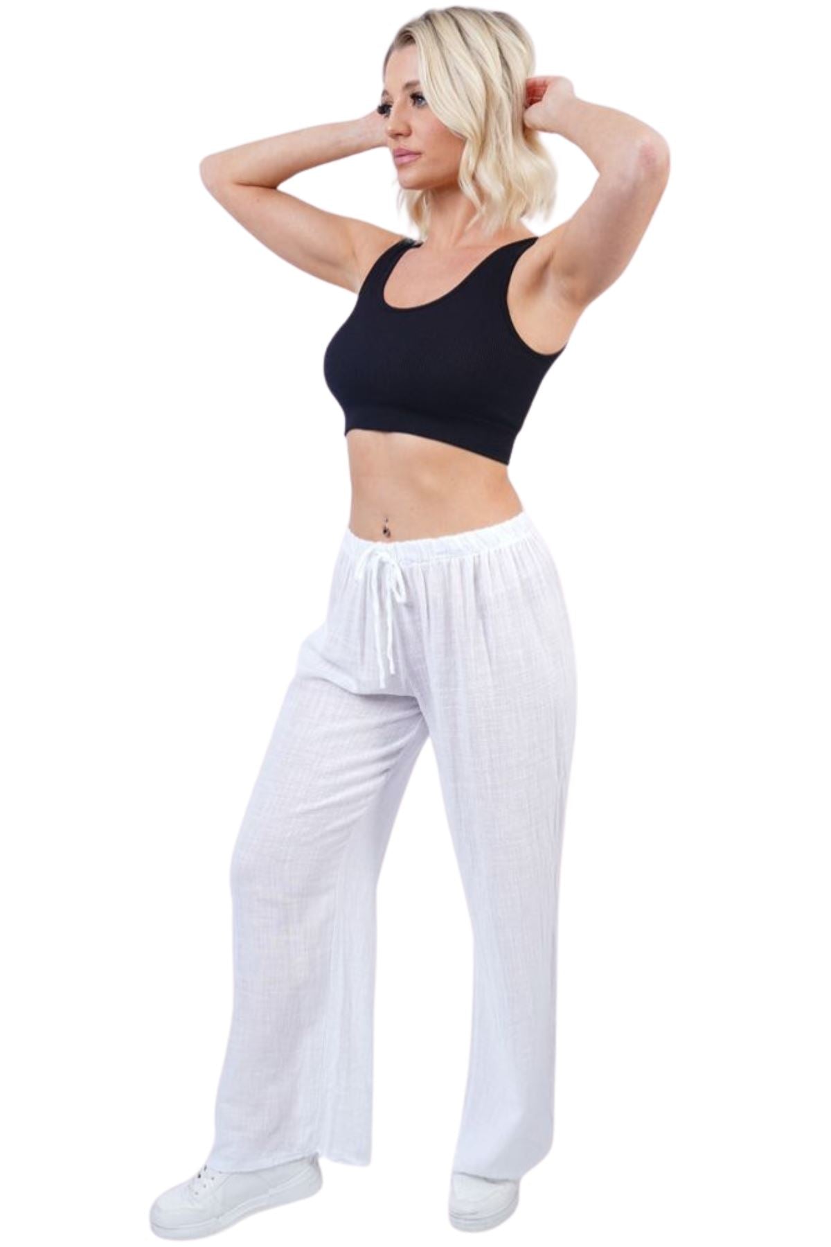 Plain Drawstring Wide Legs Cotton Trousers
