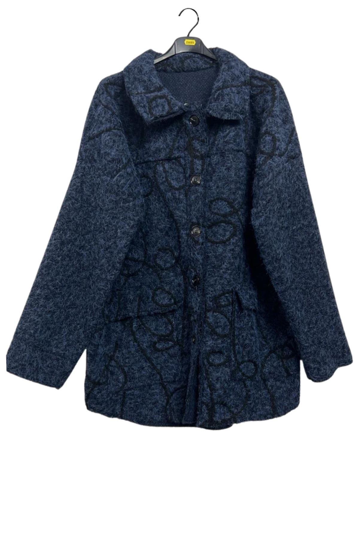 Swirl Pattern Button Closing Front Two Flap Pockets Coat