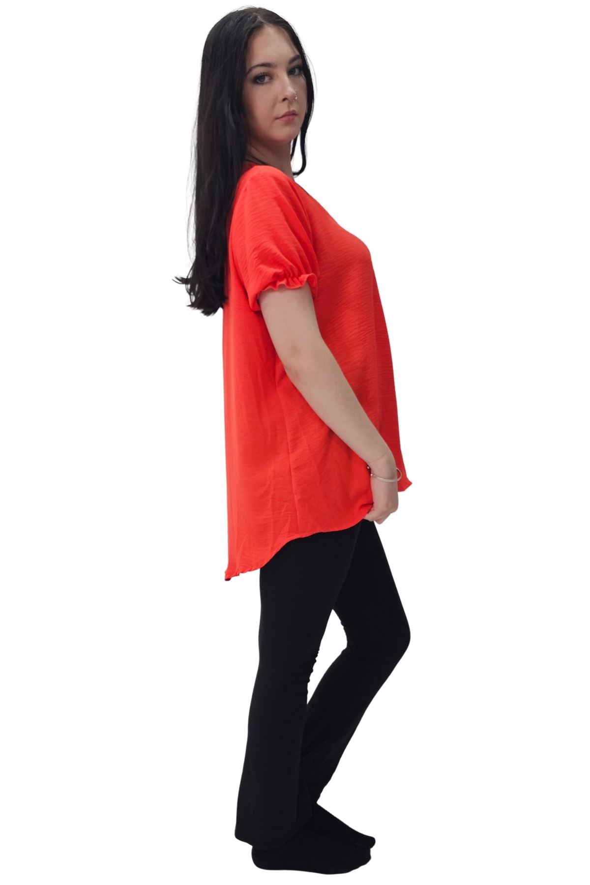 Plain Short Puff Sleeves Necklace Top