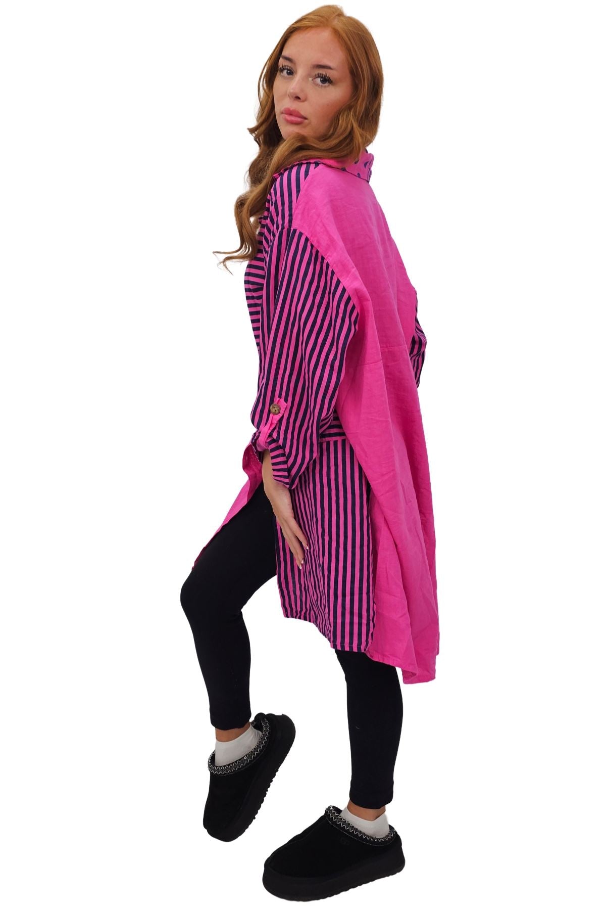 Vertical Stripes Polka Dot Print Full Front Buttons Linen Shirt