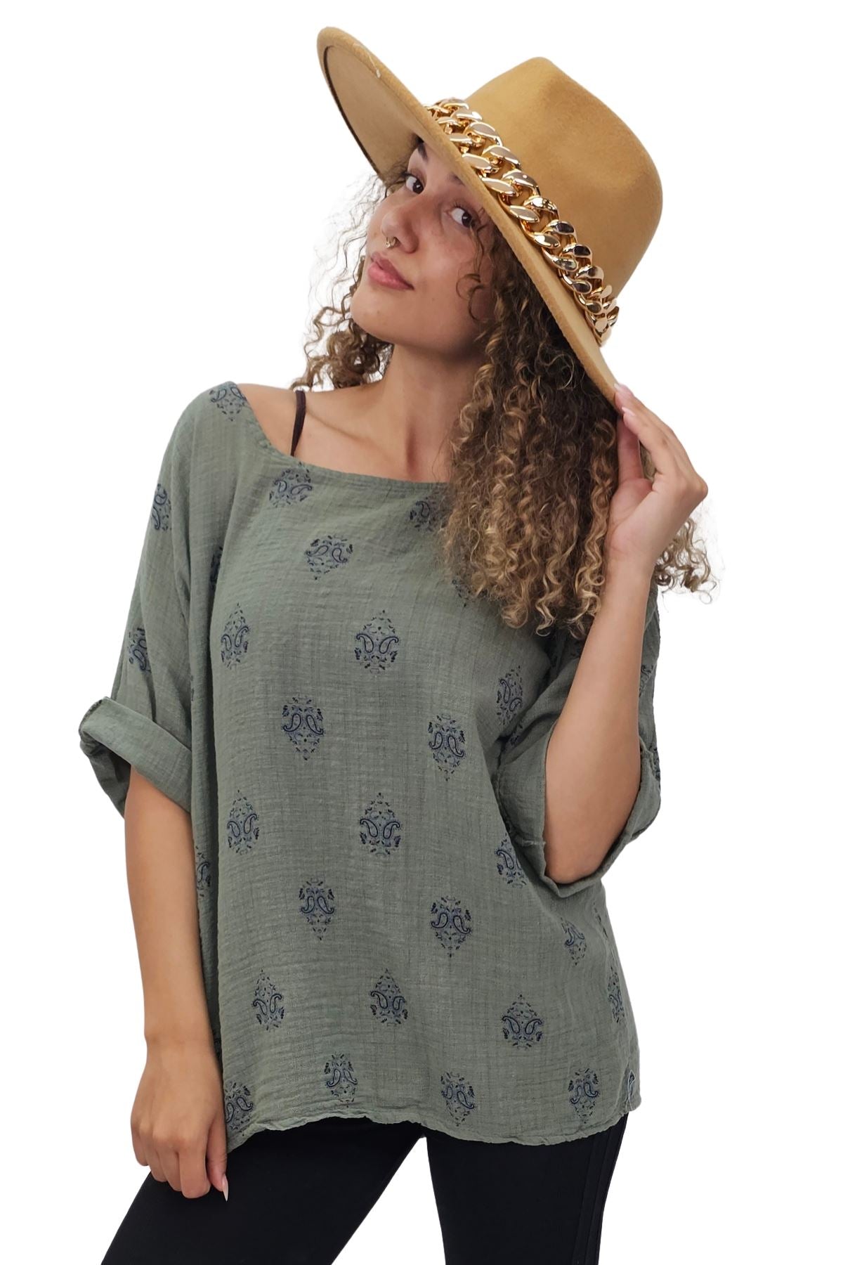 Block Print-Style Motifs Tunic Silhouette Cotton Top