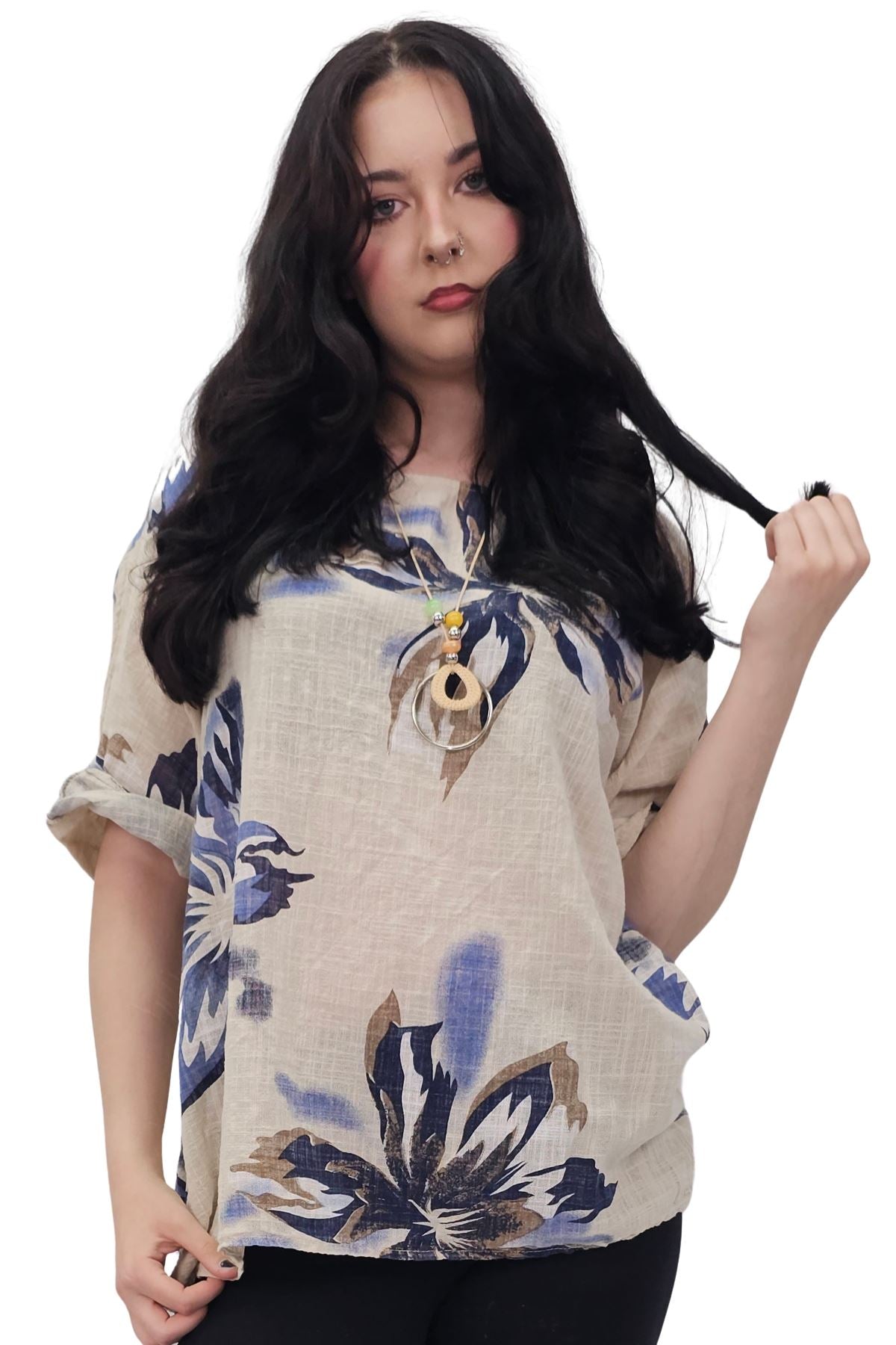 Floral Print Tunic Necklace Cotton Top