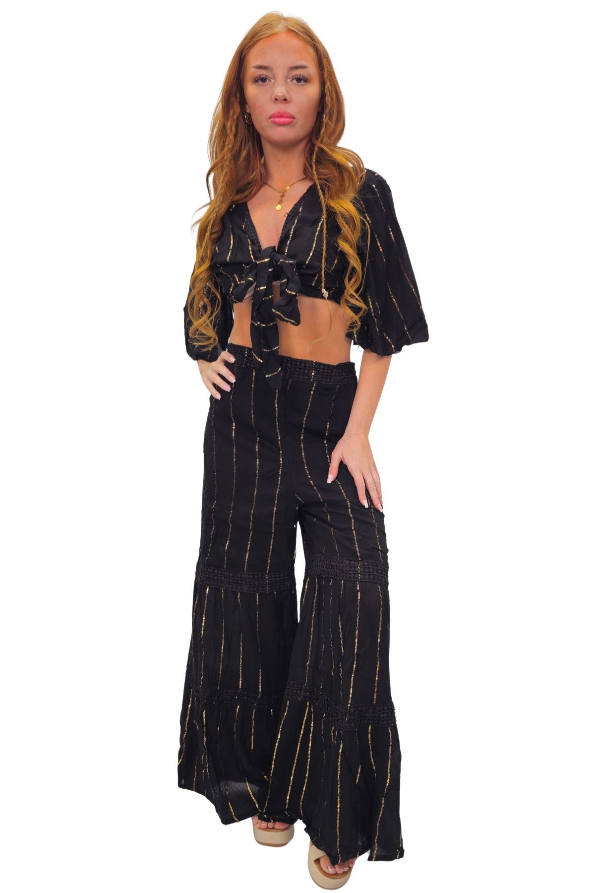 Vertical Metallic Accents Stripes Bohemian Style Co-Ord