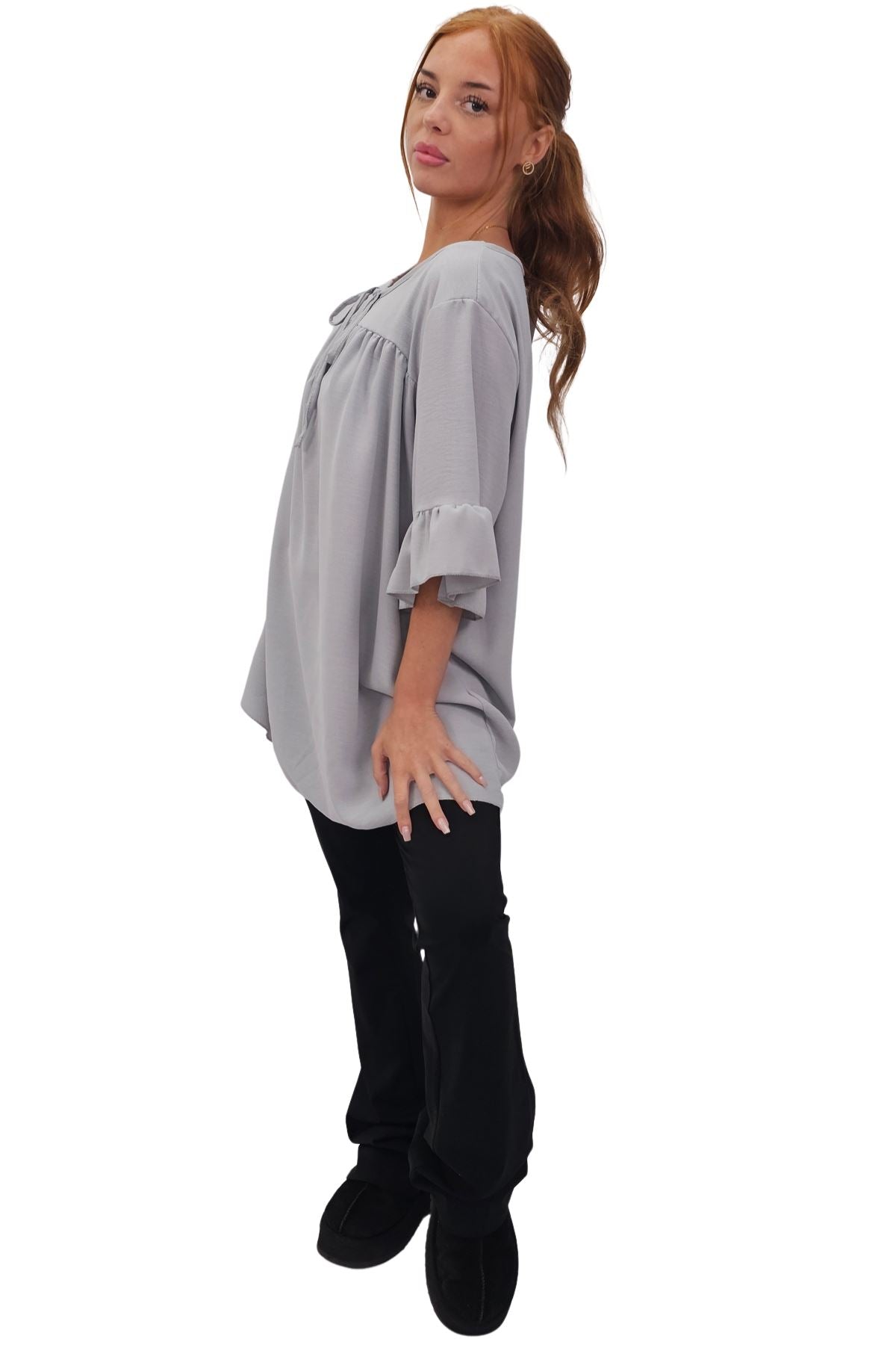 Plain Tie Neck Ruffle Sleeve Top