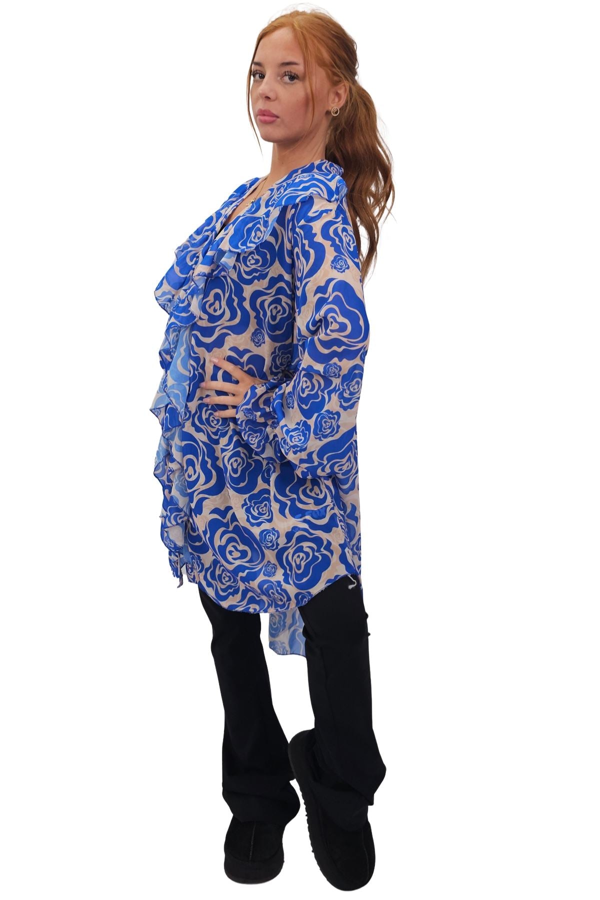 Floral Print Oversized Front Ruffle Top