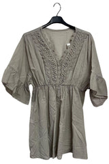 Plain V-Neckline With Lace Trim Detailing Tunic Cotton Dress