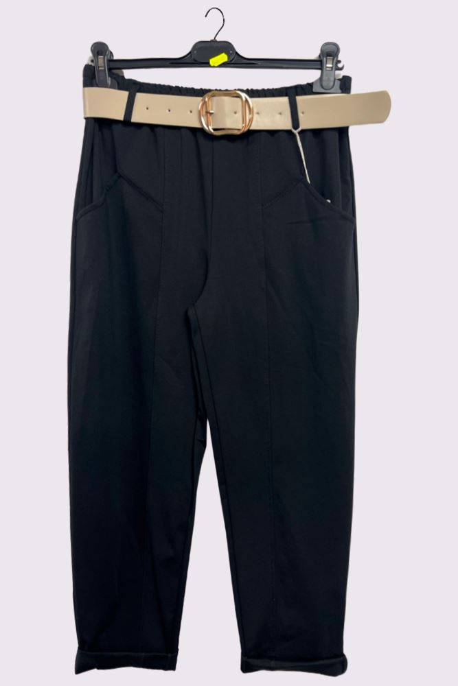 Plain Front Pockets Belted Pants
