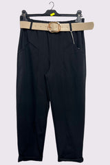 Plain Front Pockets Belted Pants
