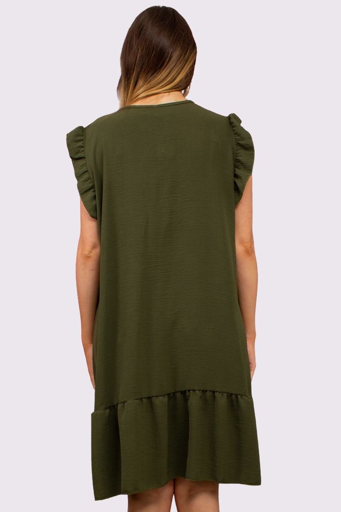 Plain Flared Hem Dress with Delicate Embroidered Neckline