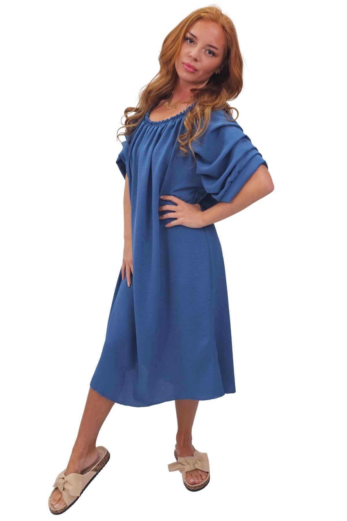 Plain Puff Sleeves Layered Detail Dress