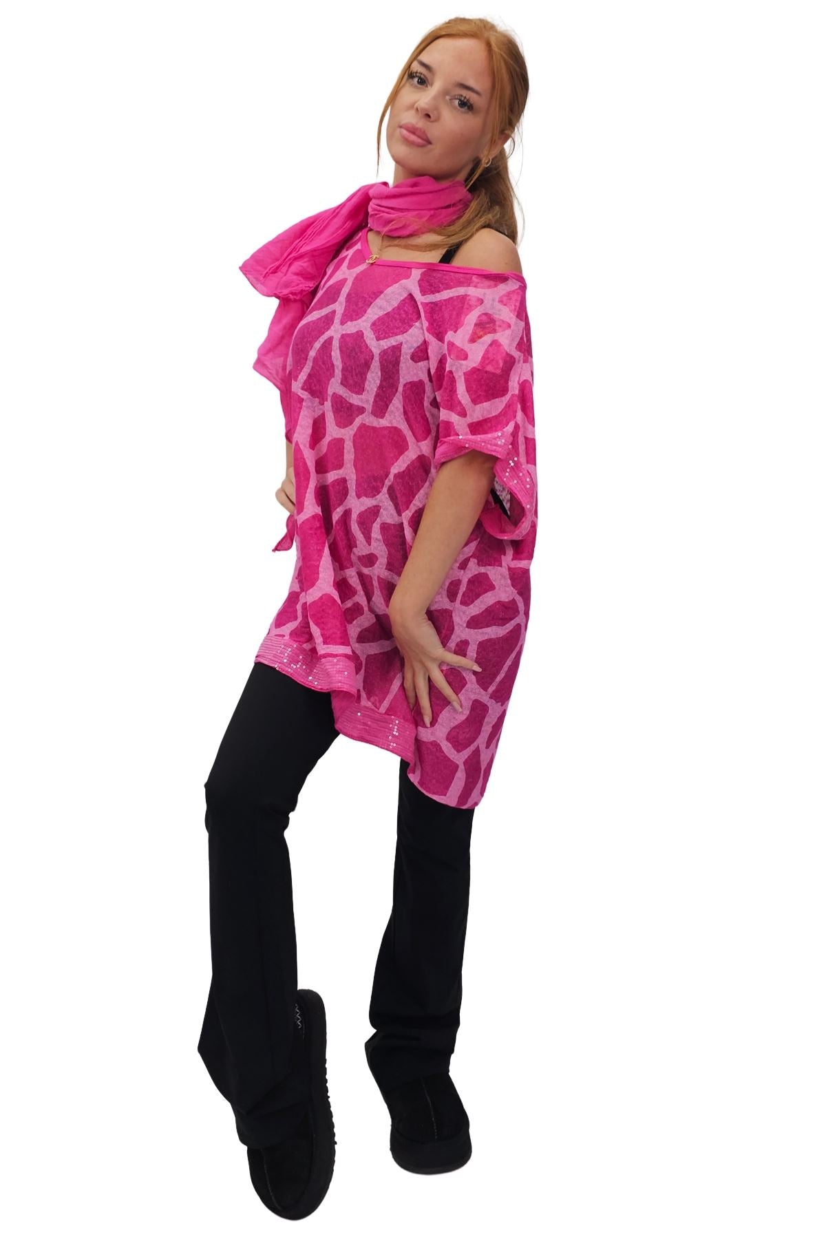 Giraffe Print Sequin Detail Hem With Scarf Box Top