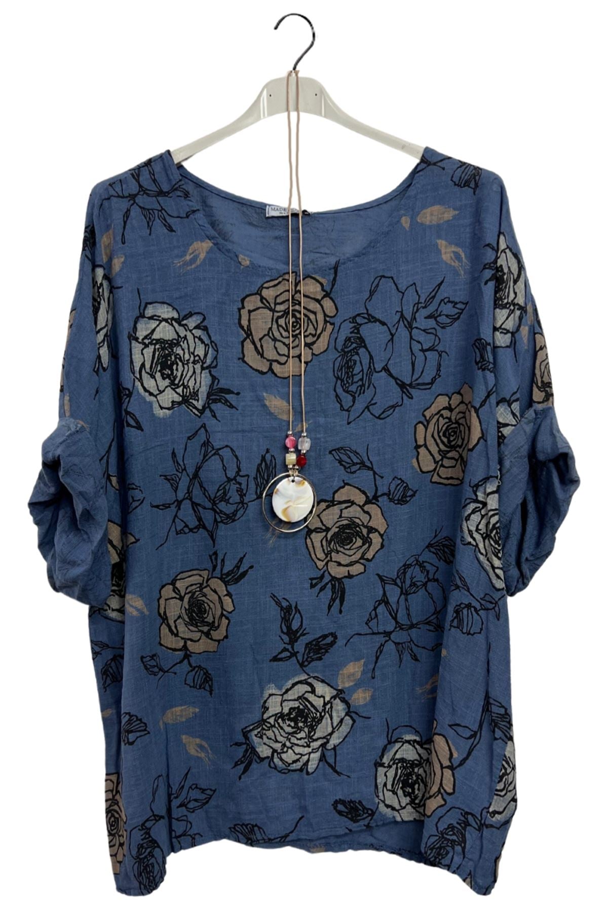 Rose Flower Print Oversized Necklace Tunic Cotton Top