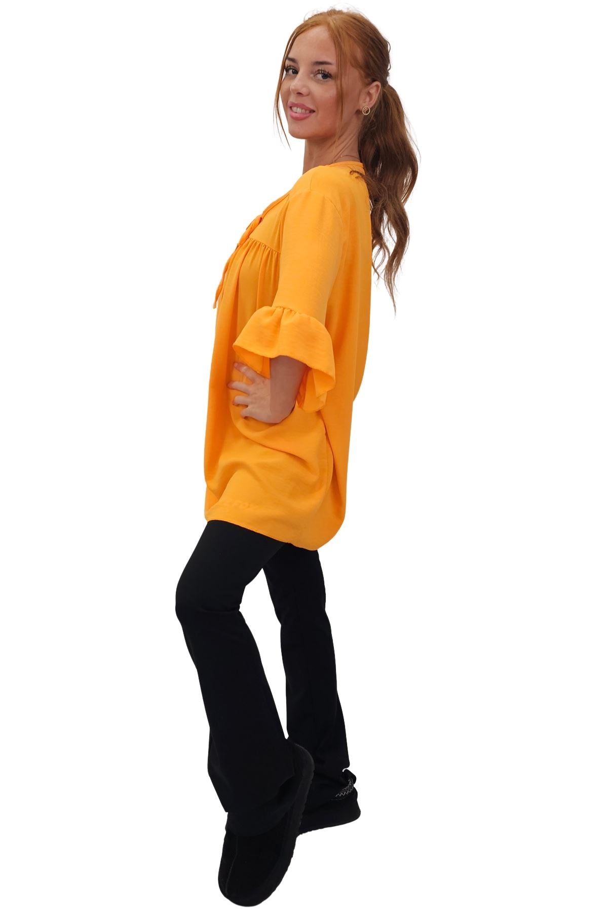Plain Tie Neck Ruffle Sleeve Top