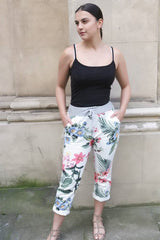 Cotton Tropical Printed Drawstring Foldover Hem Trouser
