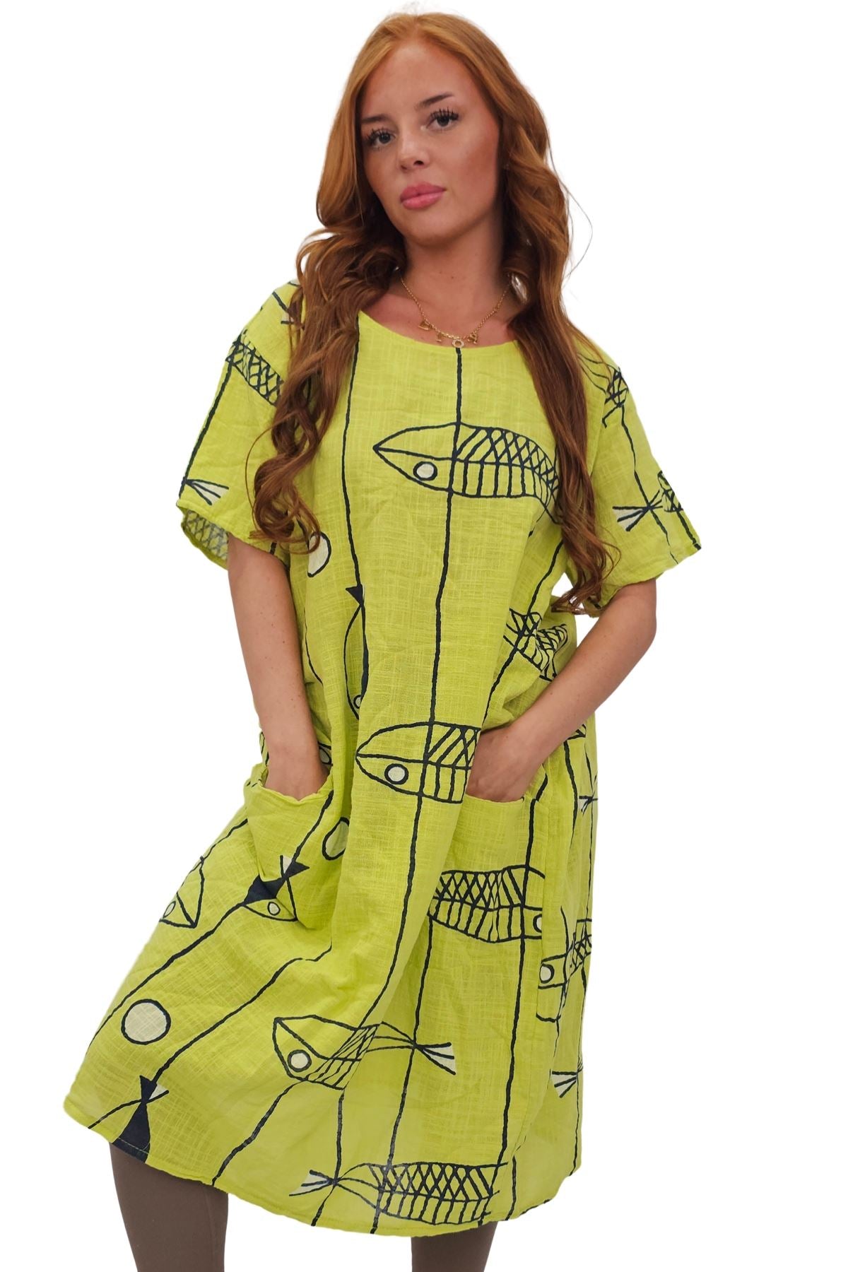 Fish Stripe Print Front Two Pockets Cotton Dress