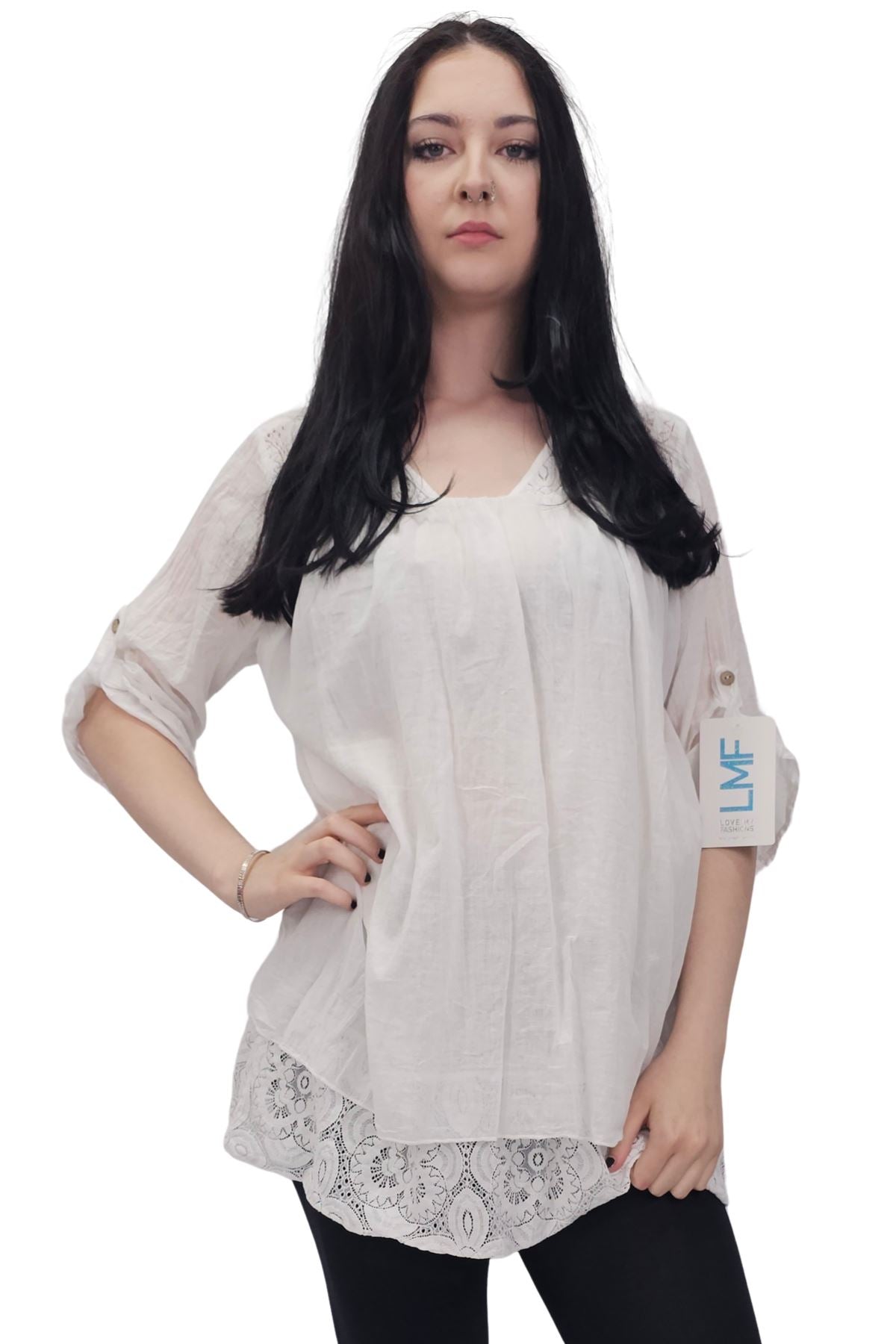 Floral Pattern Lace Detailing Layered Hem Cotton Top