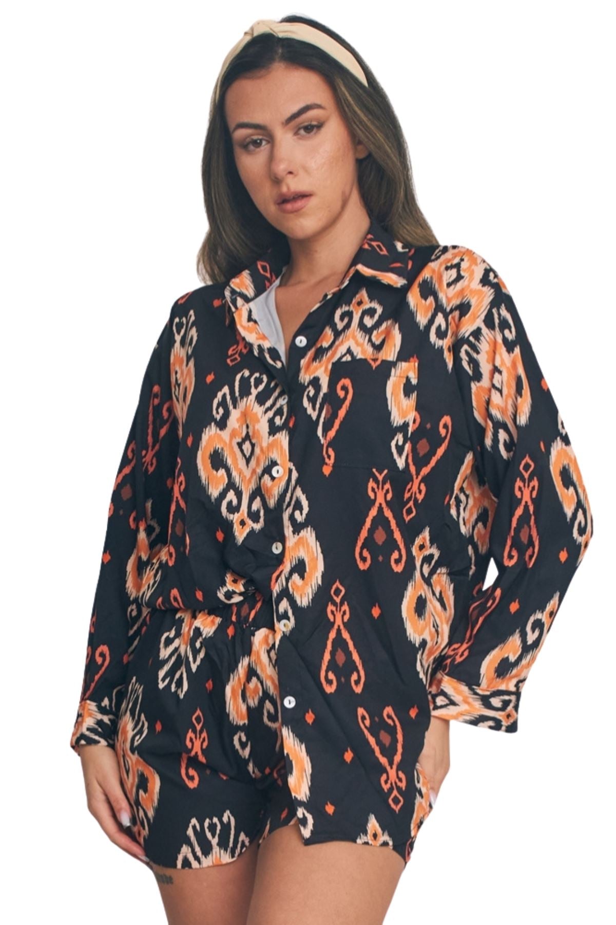 Aztec Print Button Up Elasticated Waistband Co-Ord Set
