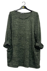 Subtle Heathered Textured Two Front Draped Pockets Top
