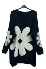Daisy Flower Pattern High Low Cut Hem Soft Knit Jumper