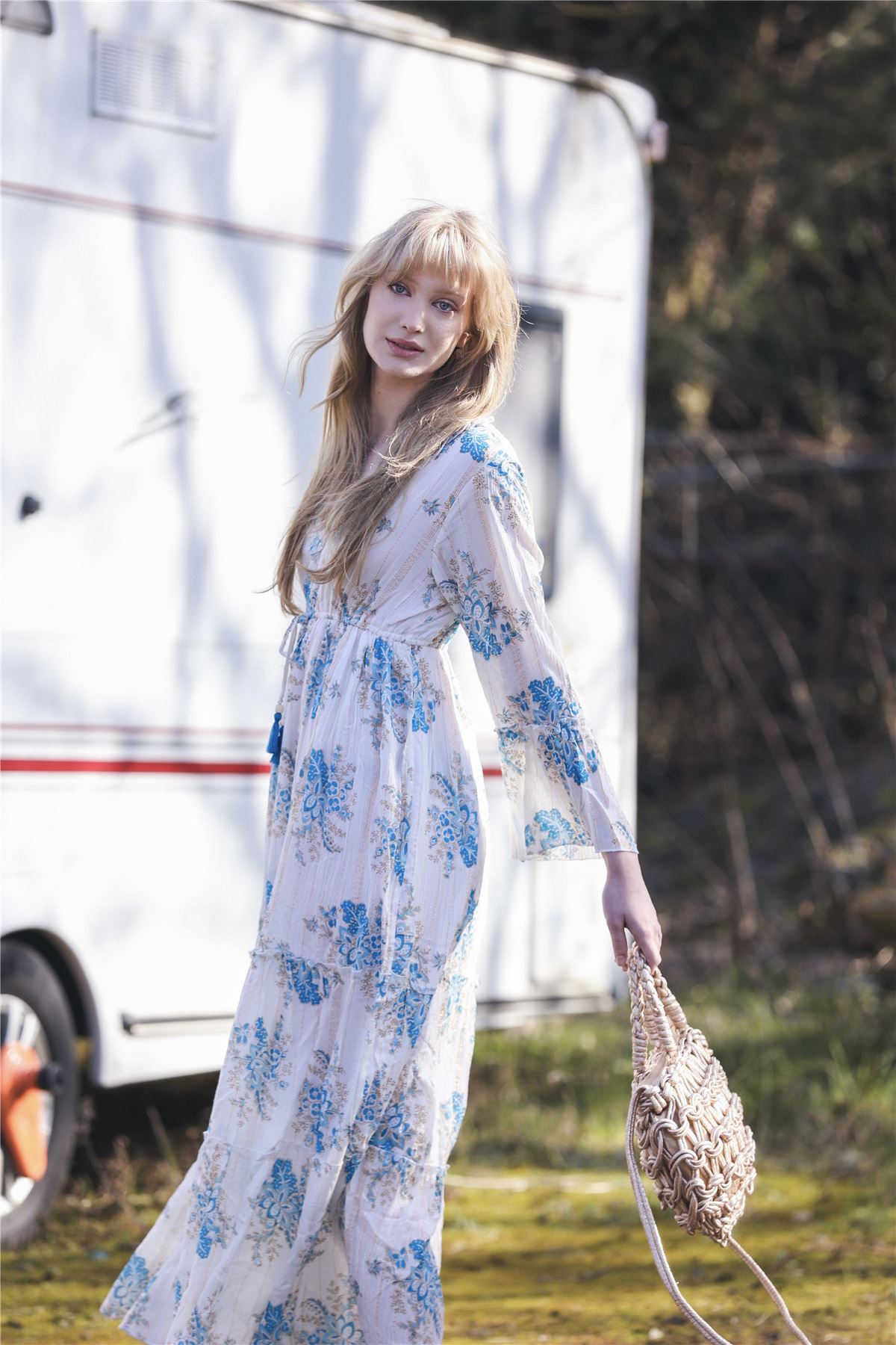 Flower Cluster Print Gold Stripes Dress