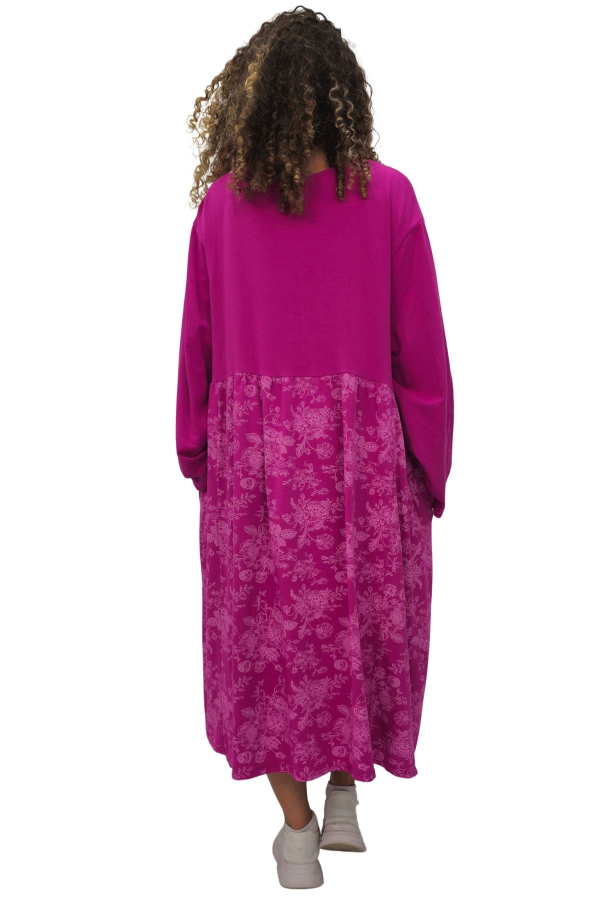 Two Tone Floral Print Baggy Long Style Cotton Dress