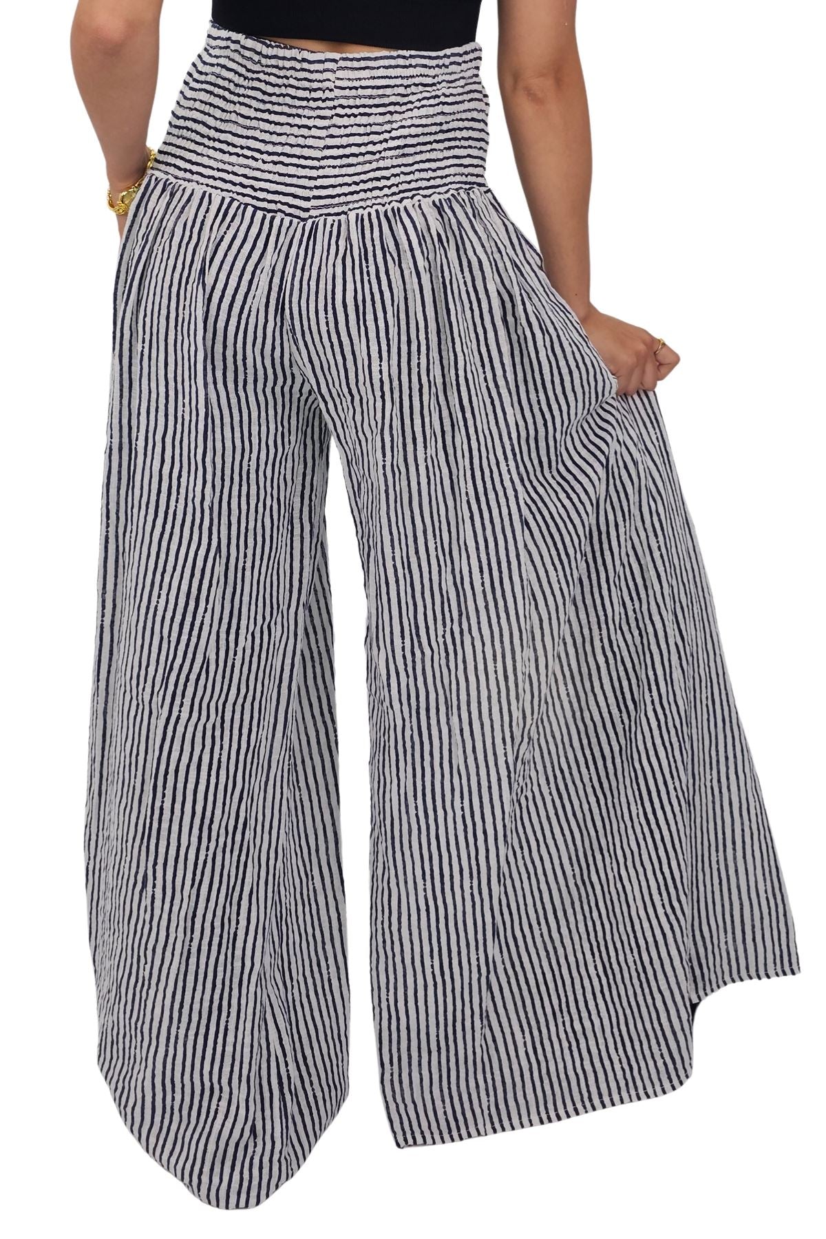 Vertical Stripes Print Smocked Waistband Wide Leg Cotton Palazzo