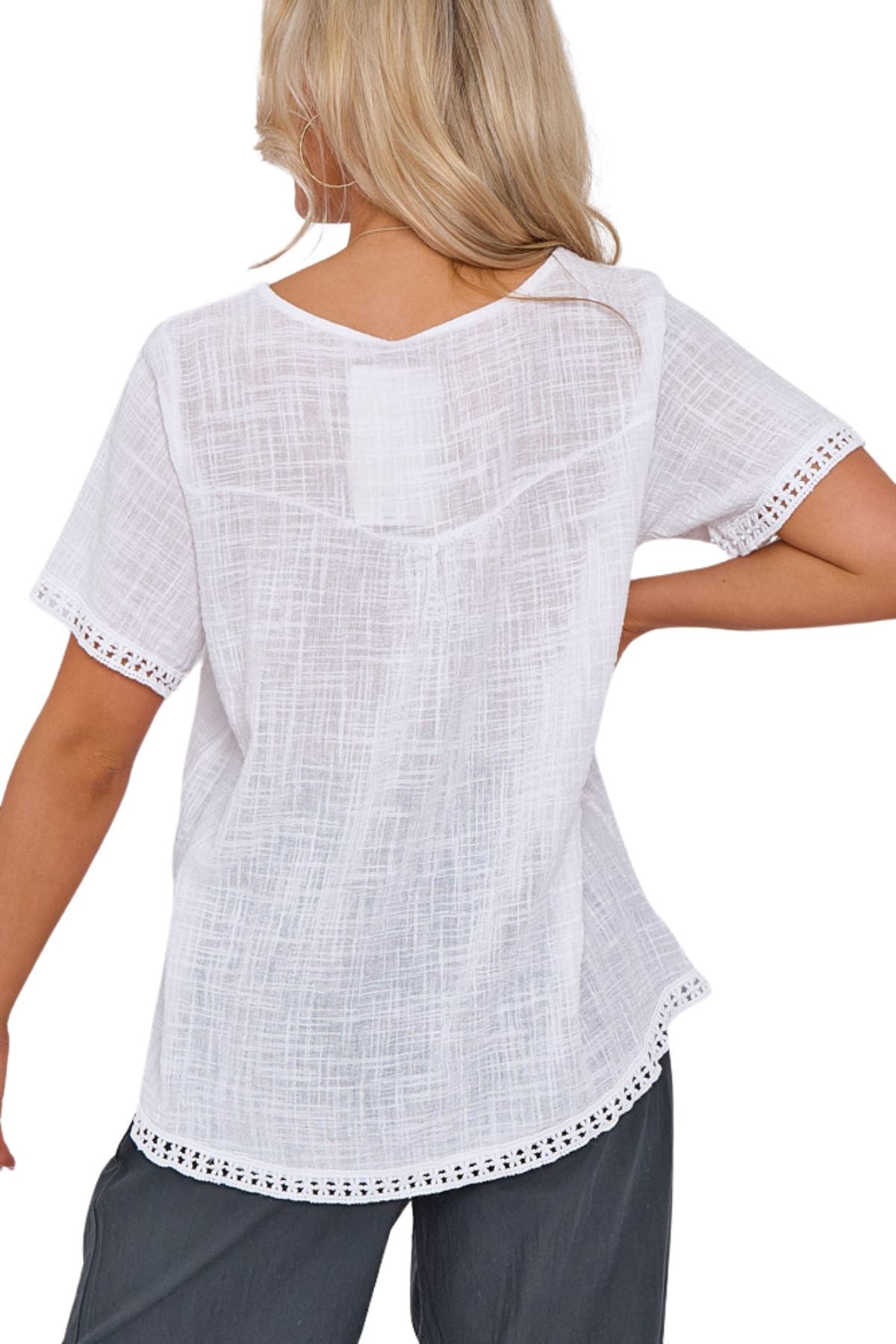 Plain Lace Hem Necklace Cotton Top