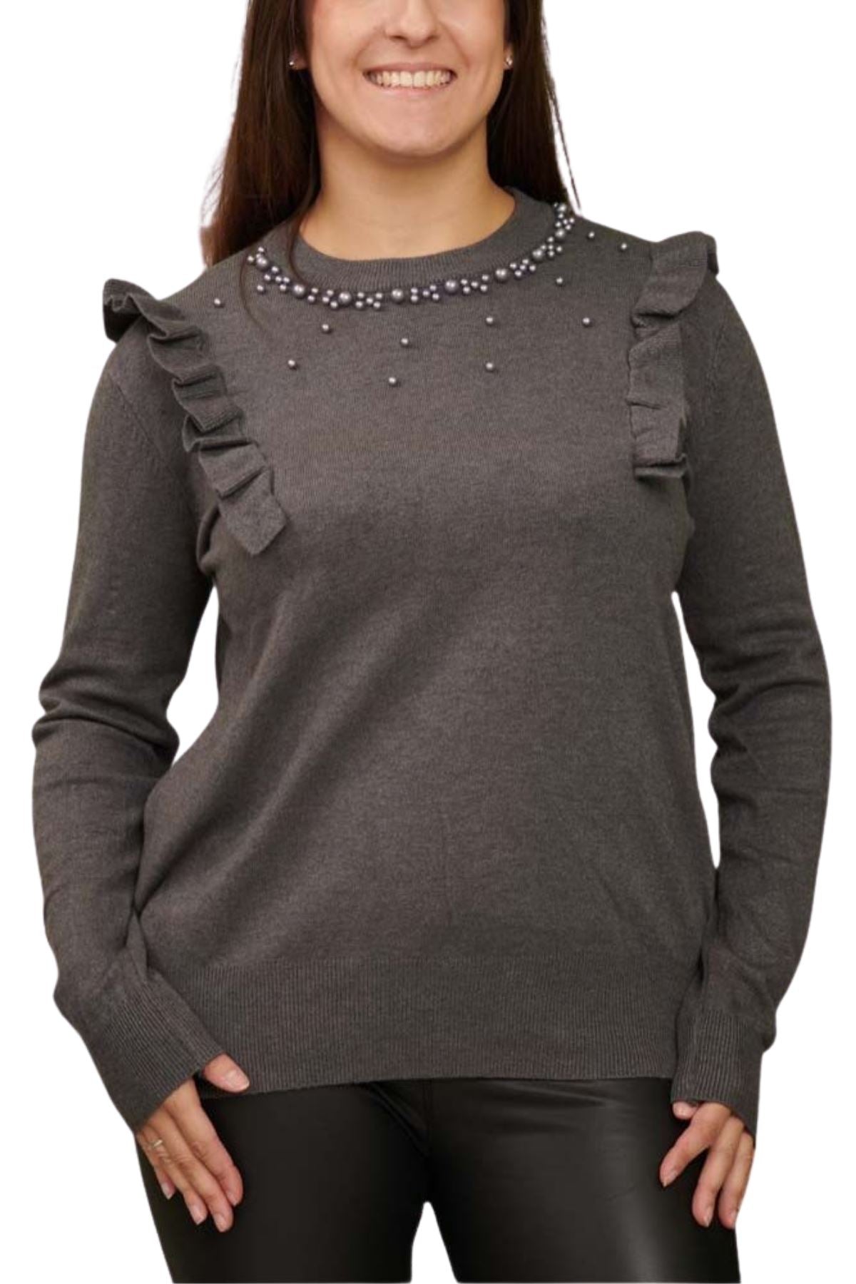 Pearls Side Chest Frill Ribbed Hem Soft Jumper