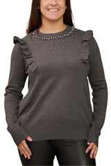 Pearls Side Chest Frill Ribbed Hem Soft Jumper