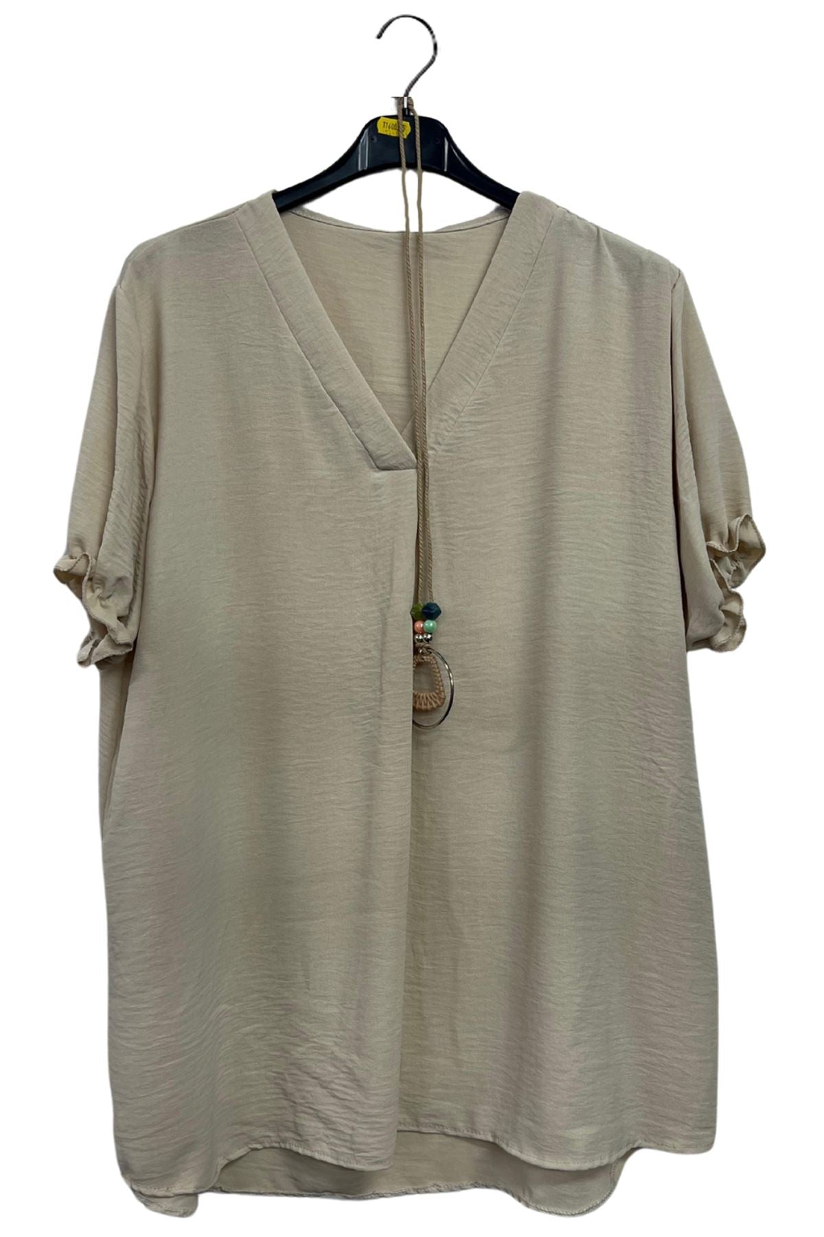 Plain Short Puff Sleeves Necklace Top
