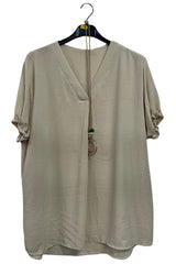 Plain Short Puff Sleeves Necklace Top