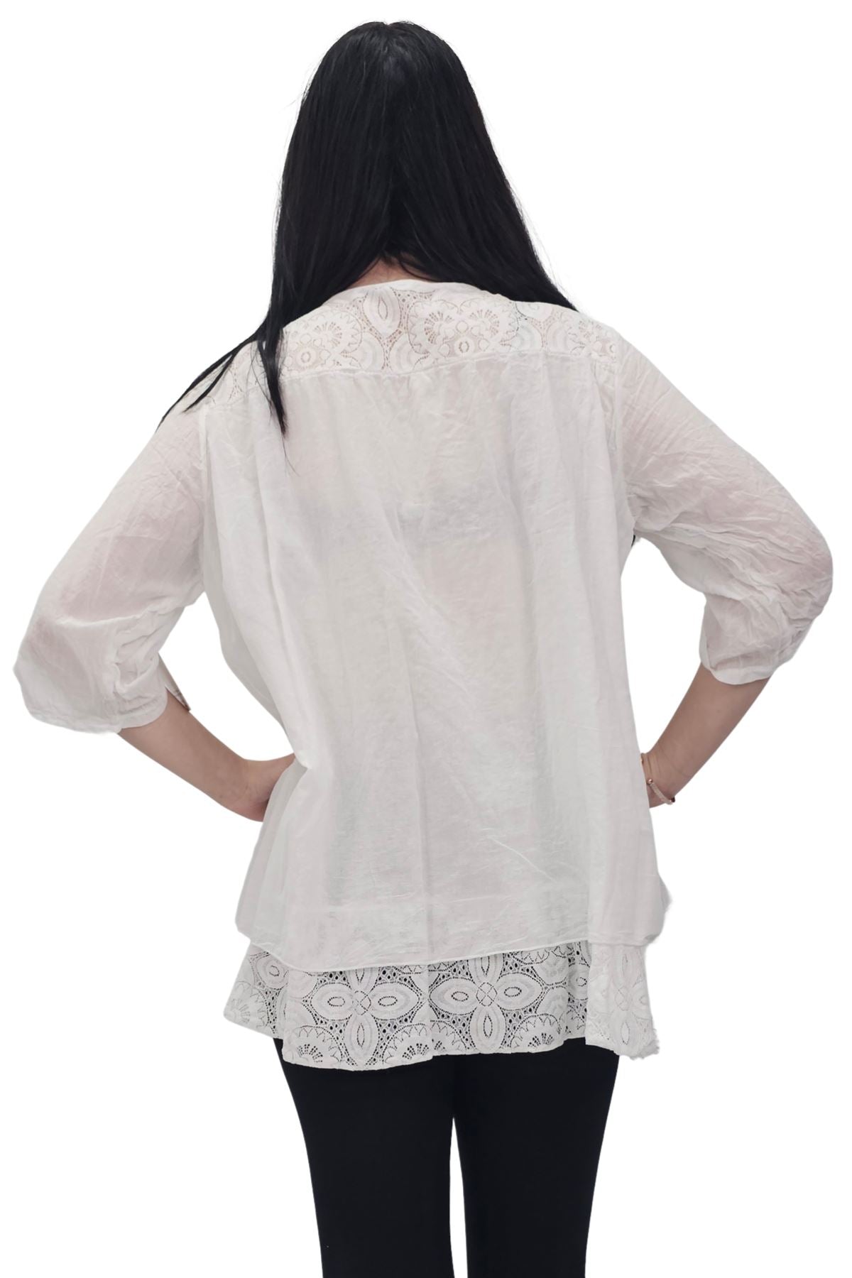 Floral Pattern Lace Detailing Layered Hem Cotton Top